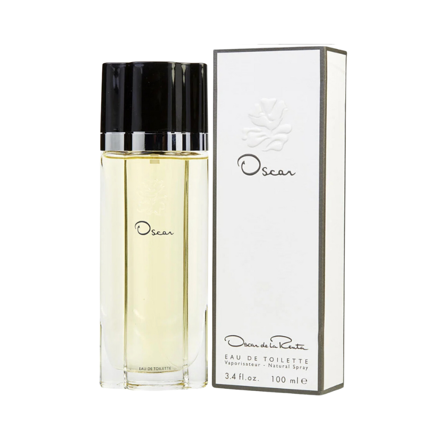 Oscar de la Renta's Eau de Toilette bottle and packaging, with the brand's logo visible on the spray cap and the box.