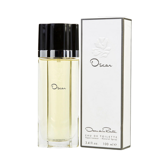Oscar de la Renta's Eau de Toilette bottle and packaging, with the brand's logo visible on the spray cap and the box.