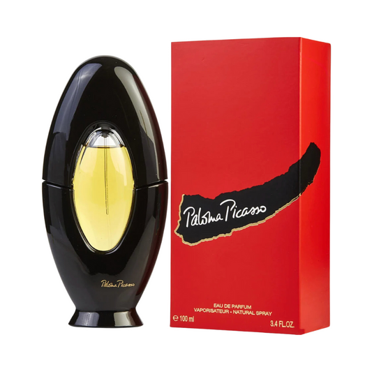 A black bottle of Paloma Picasso eau de parfum with a spray dispenser, next to its red packaging box featuring the artist's signature.