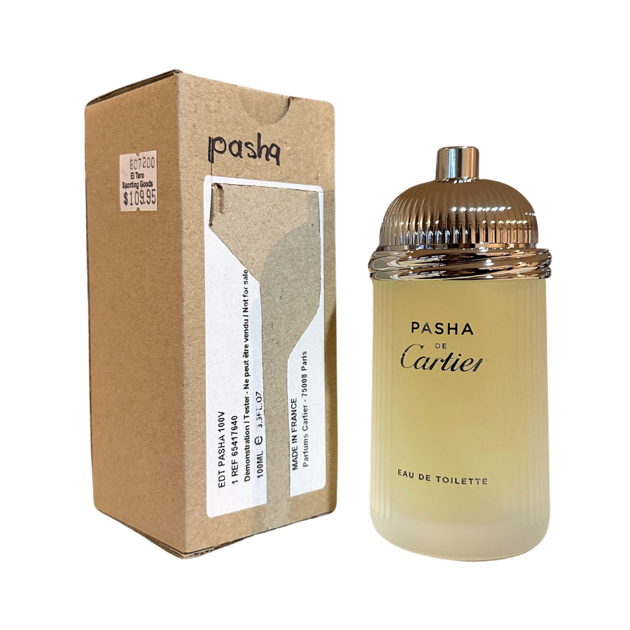 Pasha De Cartier EDT in a clear glass bottle with a silver cap, alongside its brown cardboard packaging box with the brand and product name visible.