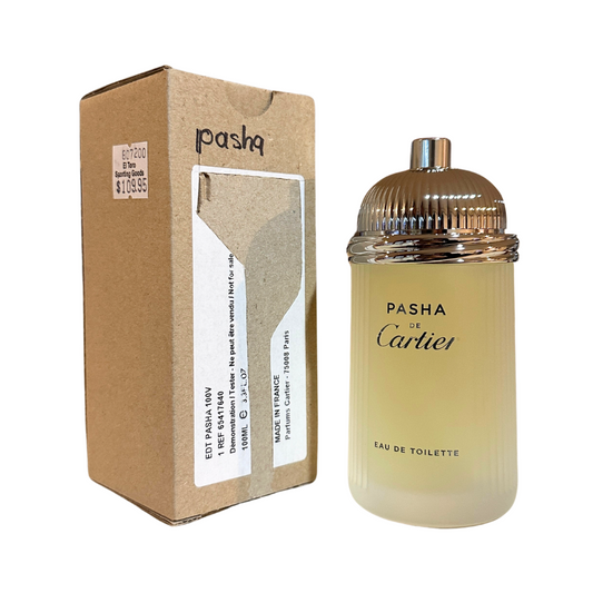 Pasha De Cartier EDT in a clear glass bottle with a silver cap, alongside its brown cardboard packaging box with the brand and product name visible.