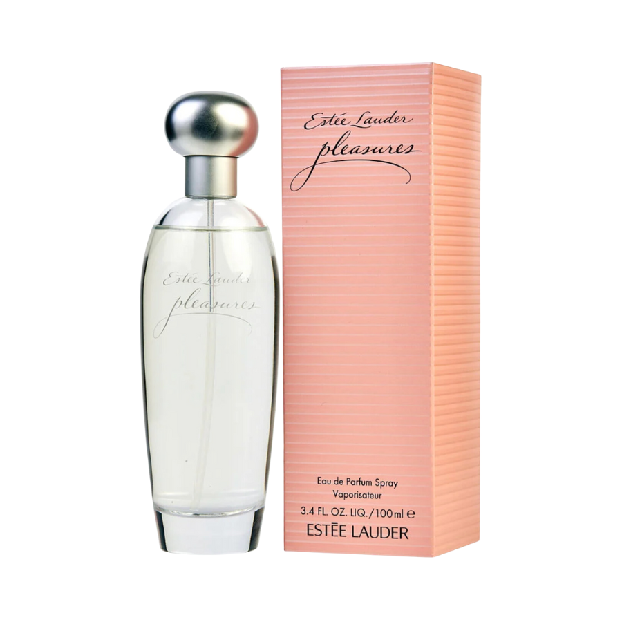 Estee Lauder Pleasures EDP spray bottle next to its packaging box.