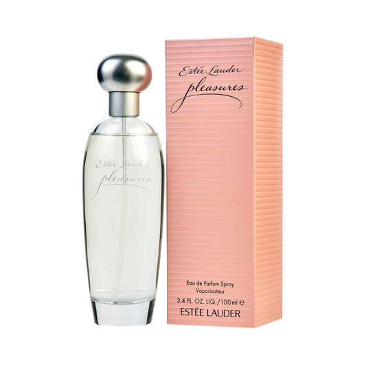 Estee Lauder Pleasures EDP spray bottle next to its packaging box.