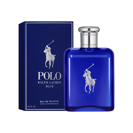 A blue bottle of Polo Blue Eau de Parfum Spray by Ralph Lauren, with a silver cap and the brand's logo on the front. The product is displayed alongside its packaging box.