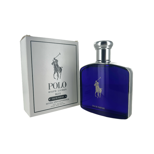 A bottle of Ralph Lauren Polo Blue Parfum EDP alongside its packaging box. The bottle is blue with a silver cap, and the packaging has the Polo logo and the scent name visible.