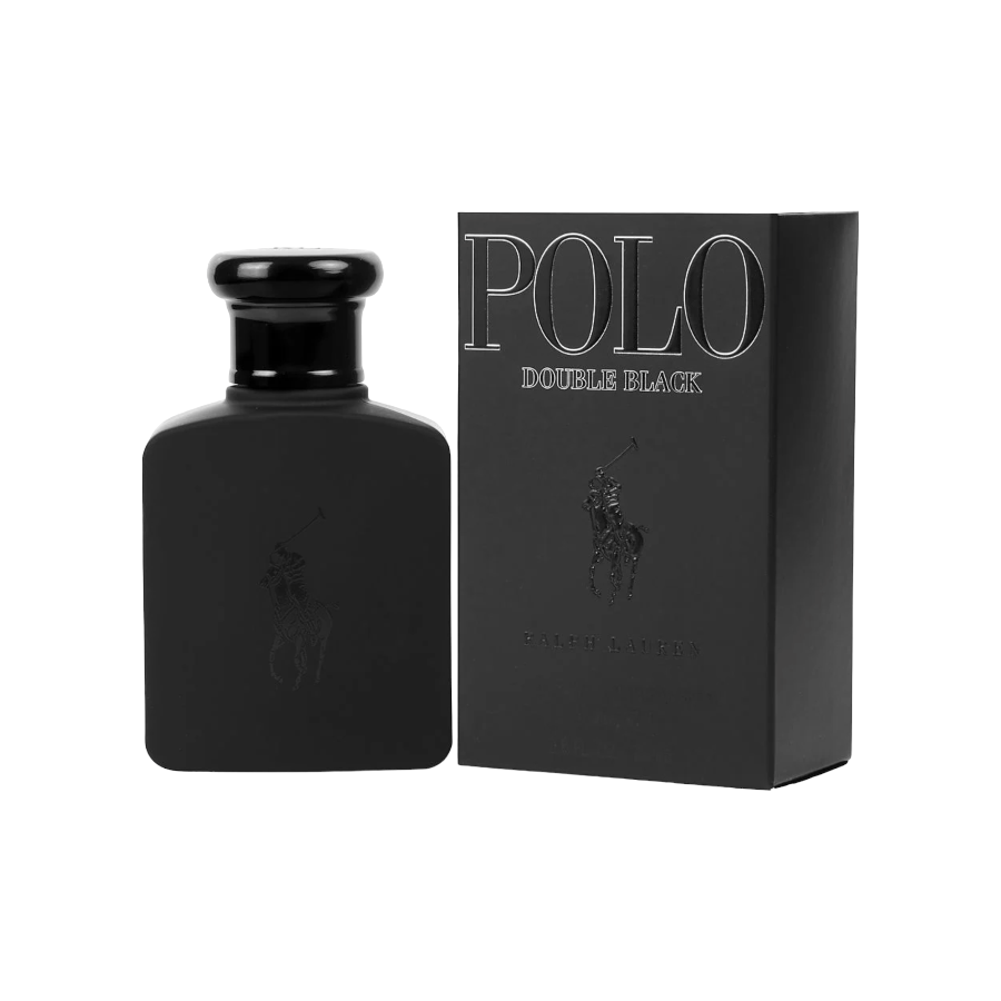 A black bottle of Polo Double Black eau de toilette for men alongside its packaging box, both featuring the Ralph Lauren logo.