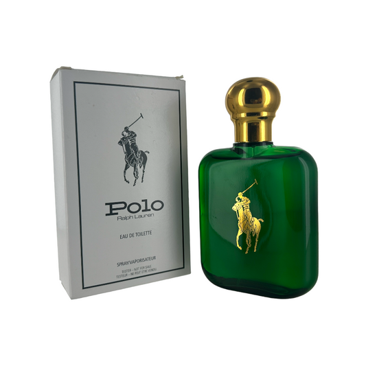 A green bottle of Polo Eau de Toilette with a gold cap, alongside its white box packaging with a Polo logo. The bottle and box both have the Polo branding.