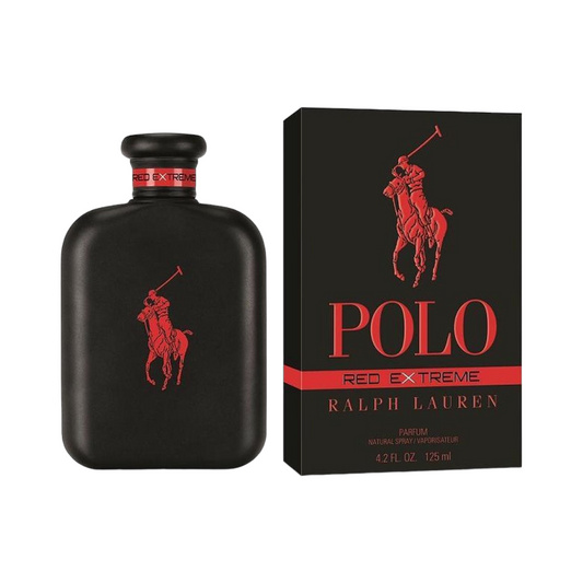 A bottle of Polo Red Extreme Eau De Parfum Spray for men by Ralph Lauren, with a black label and red accents. The product is displayed alongside its packaging box.