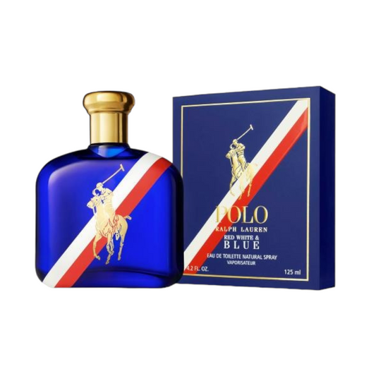 A bottle of Ralph Lauren Polo Red White & Blue eau de toilette spray alongside its packaging box.