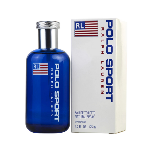 A Ralph Lauren Polo Sport Eau de Toilette Spray in a blue bottle with a white cap, next to its packaging box.