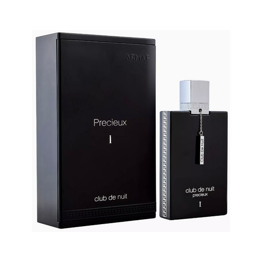 A product image showing a black Armaf Club De Nuit Precieux EDP spray bottle next to its packaging box.