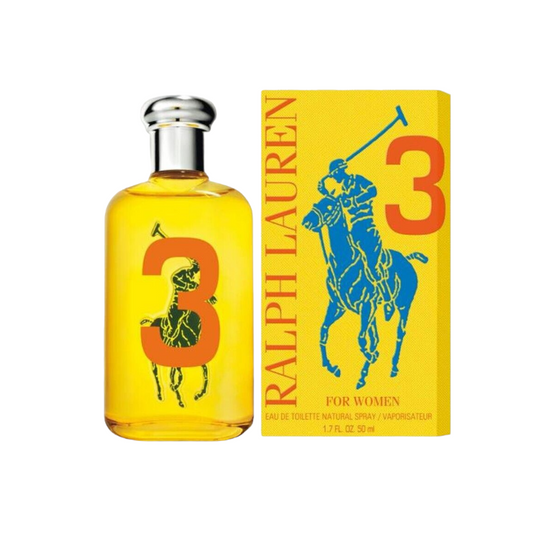 Ralph Lauren Big Pony #3 EDT for Women perfume bottle and packaging, featuring a yellow bottle with a blue horse graphic and the number 3, alongside the packaging box.