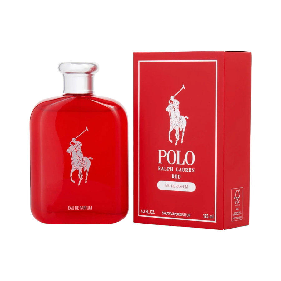 A red bottle of Ralph Lauren Polo Red EDP for men, alongside its packaging box.