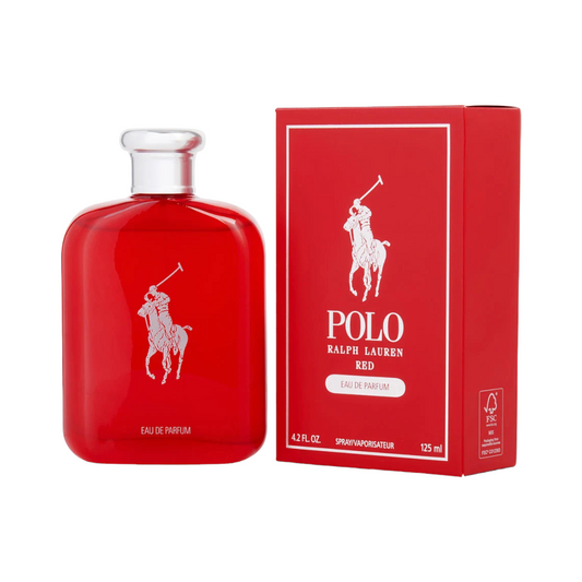 A red bottle of Ralph Lauren Polo Red EDP for men, alongside its packaging box.