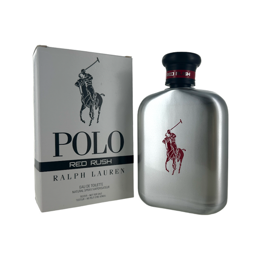A silver bottle of Polo Red Rush Eau De Toilette Spray by Ralph Lauren, accompanied by its packaging box.