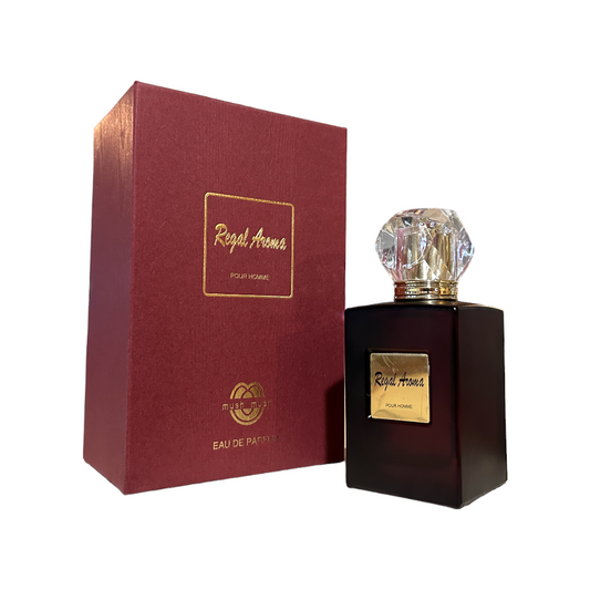 A black bottle of Regal Aroma EDP with a spray nozzle, placed in front of its red packaging box with gold text and a glass dome.