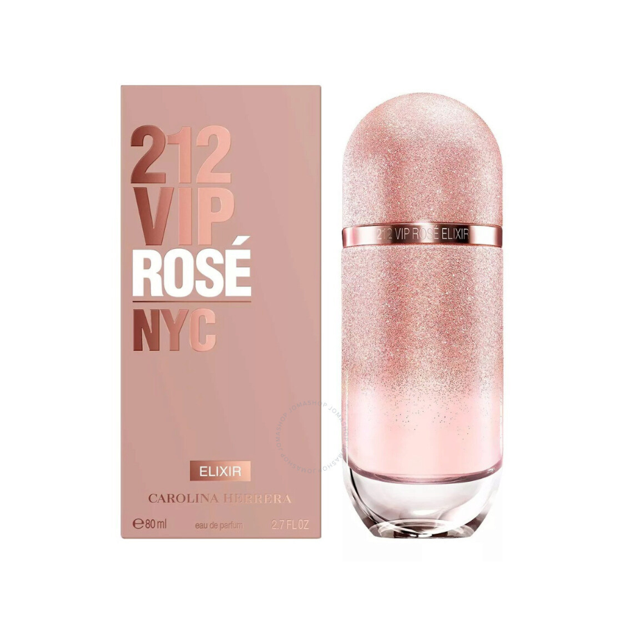 A bottle of 212 VIP Rose Elixir EDP by Carolina Herrera with a pink glittery finish, alongside its packaging box.