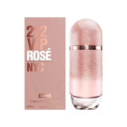 A bottle of 212 VIP Rose Elixir EDP by Carolina Herrera with a pink glittery finish, alongside its packaging box.
