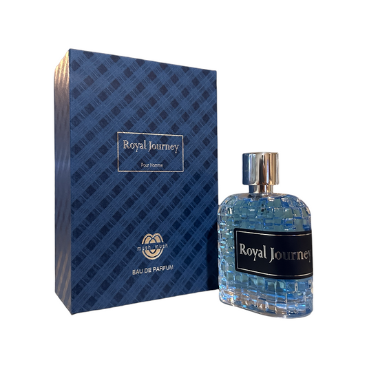 The image shows a men's eau de parfum spray bottle with a blue label, alongside its original packaging box which has a similar design and branding.