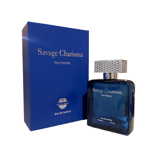 A bottle of 'Savage Charisma' EDP for men with a blue label, alongside its original blue box packaging.