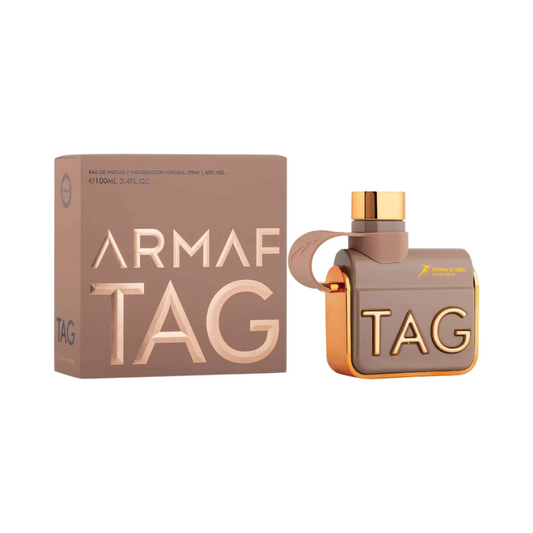 Armaf Tag EDP bottle and packaging, with the bottle showcasing a rose gold color and the brand name 'ARMAF' prominently displayed.