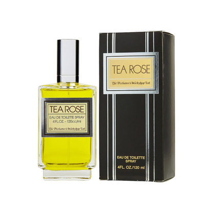 A bottle of Tea Rose eau de toilette spray for women alongside its packaging box.
