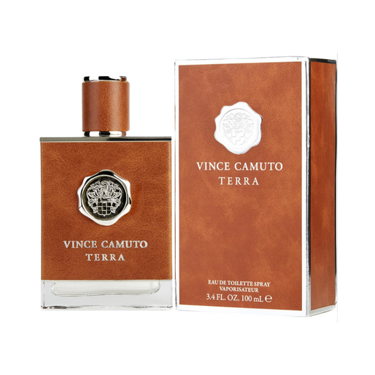Vince Camuto Terra EDT perfume bottle and packaging, with the fragrance's details visible on the label.