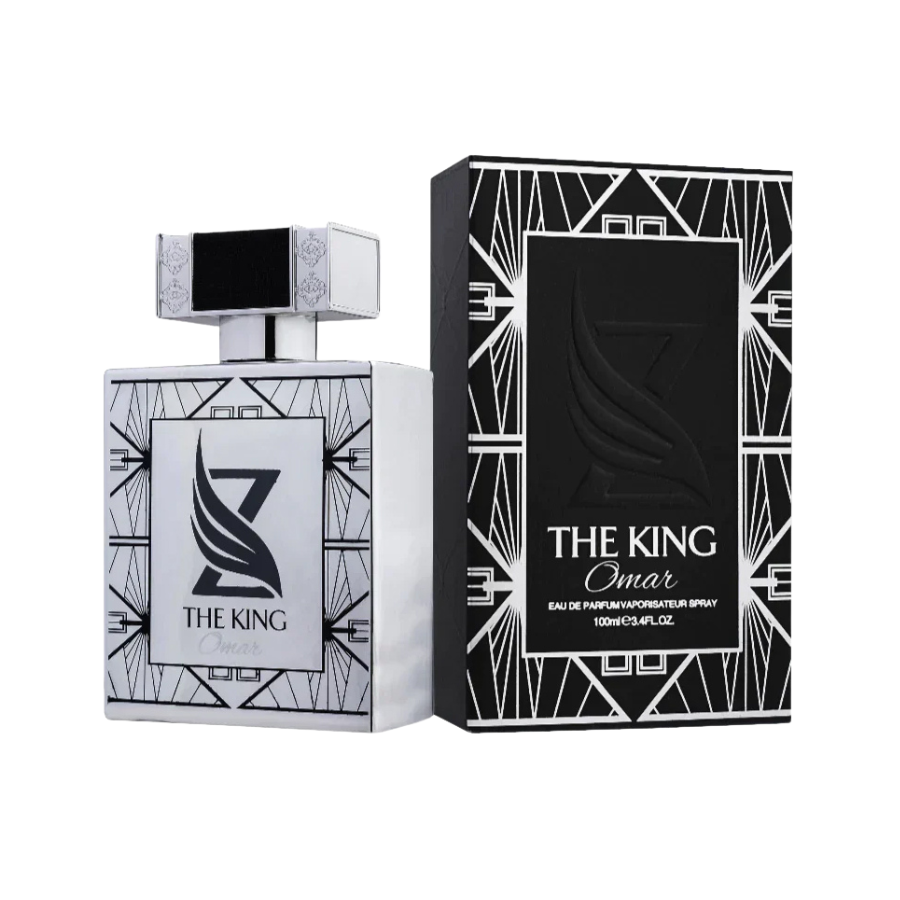 The King Omar Eau De Parfum spray bottle and its packaging box. The bottle is silver with a black cap, and the box has a geometric pattern with a prominent 'The King' logo.