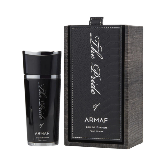 Armaf The Pride EDP for Men, a fragrance in a black bottle with a silver cap, accompanied by a black box with the Armaf logo and 'The Pride' written on it.