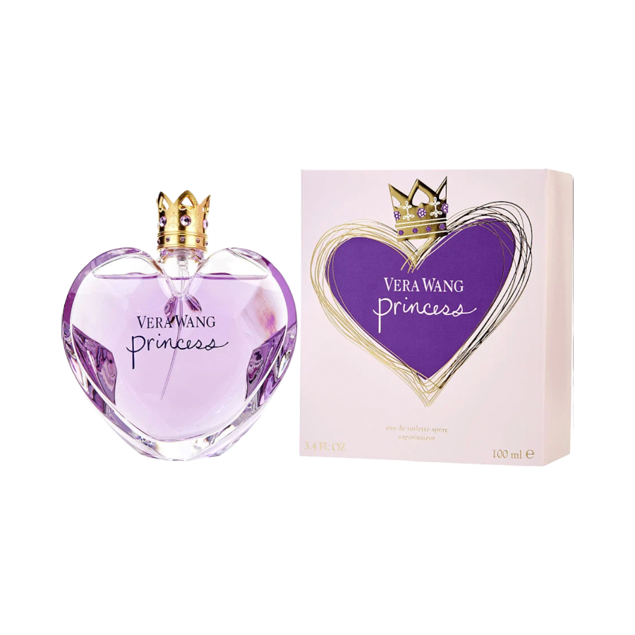 Vera Wang Princess eau de toilette spray bottle and packaging, the bottle is purple and gold, and the box is pink and gold with a crown design.