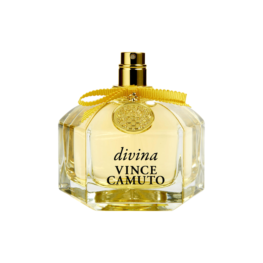 A clear glass bottle of Vince Camuto Divina EDP with a gold-colored label and a yellow ribbon on top.