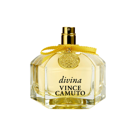 A clear glass bottle of Vince Camuto Divina EDP with a gold-colored label and a yellow ribbon on top.