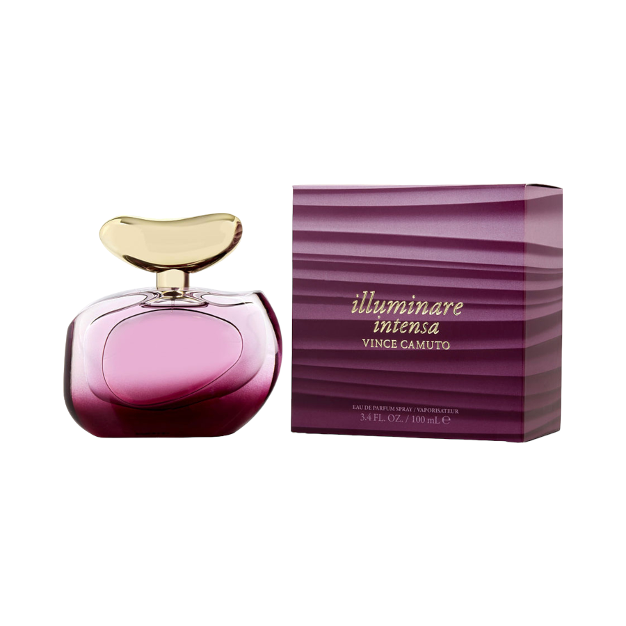 Vince Camuto Illuminare Intensa EDP in a purple bottle with a gold cap, next to its packaging box.