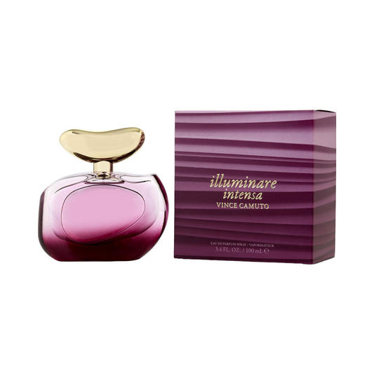 Vince Camuto Illuminare Intensa EDP in a purple bottle with a gold cap, next to its packaging box.