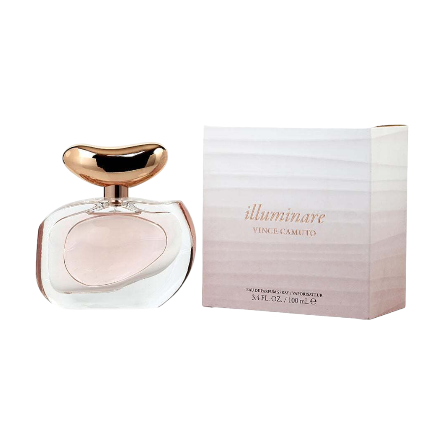 Vince Camuto Illuminare EDP bottle and packaging, 3.4oz/100ml size, with rose gold cap and white label.