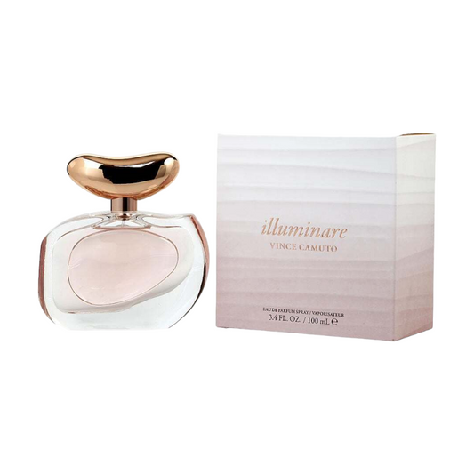 Vince Camuto Illuminare EDP bottle and packaging, 3.4oz/100ml size, with rose gold cap and white label.