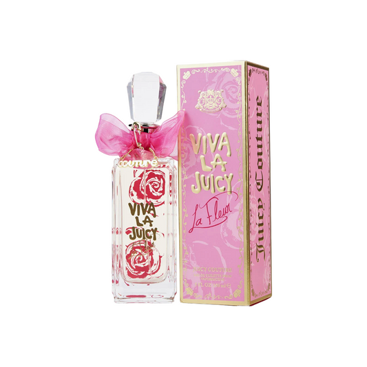 A bottle of Juicy Couture Viva La Juicy La Fleur eau de toilette with a pink bow on top, alongside its pink packaging box.