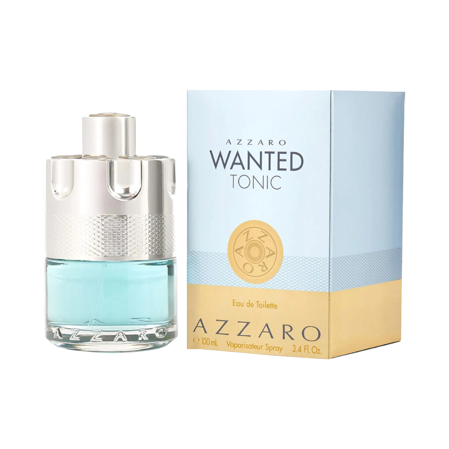 Azzaro Wanted Tonic Eau de Toilette Spray in a blue bottle with a silver cap, alongside its packaging box.