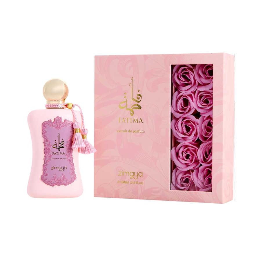 A bottle of Zimaya Fatima EDP with a pink label and a small decorative pink flower, alongside the box with a rose design.
