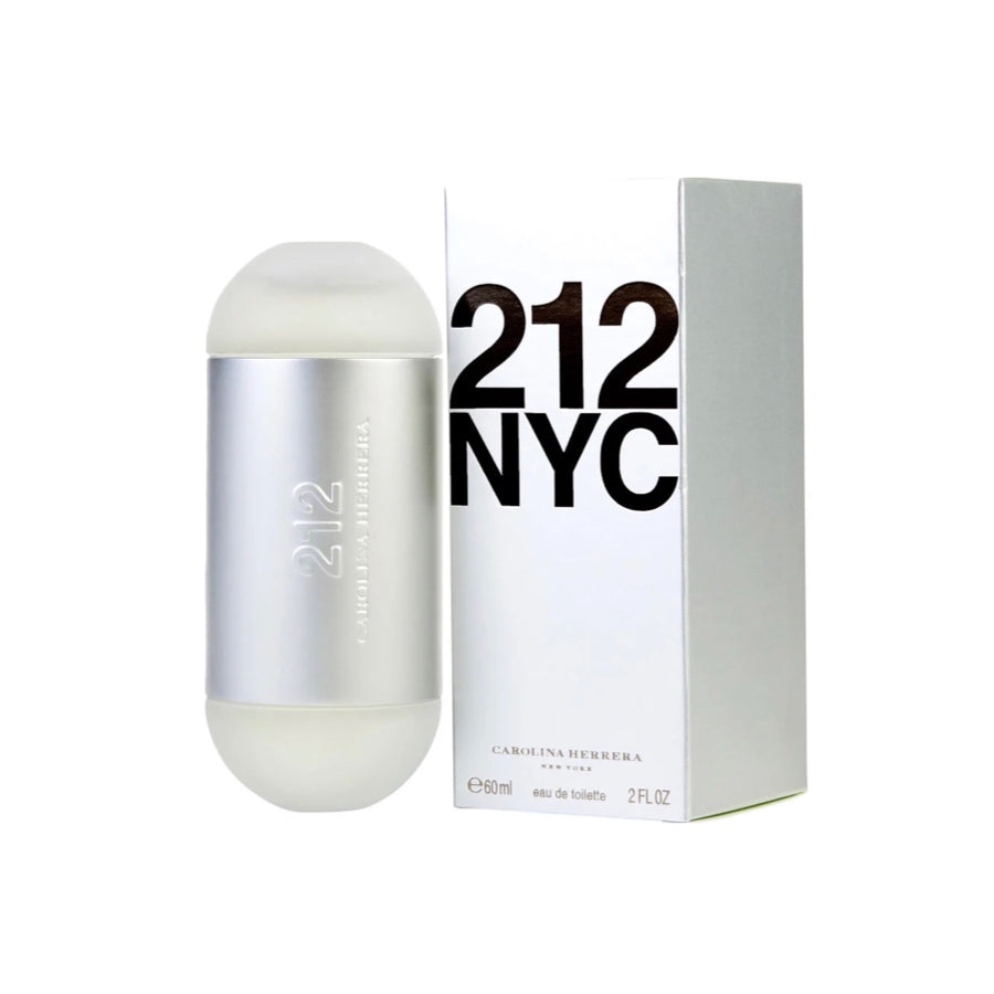 A bottle of '212 EDT (W) 2.0oz' by Carolina Herrera next to its packaging box, both featuring the number '212' and the text 'NYC'.