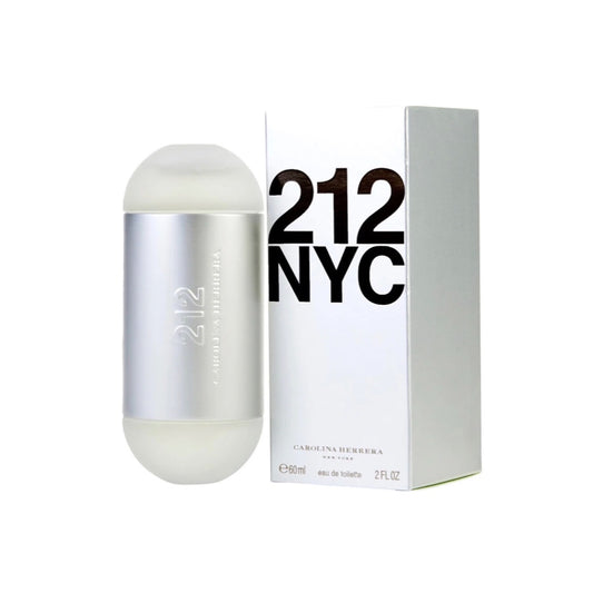 A bottle of '212 EDT (W) 2.0oz' by Carolina Herrera next to its packaging box, both featuring the number '212' and the text 'NYC'.