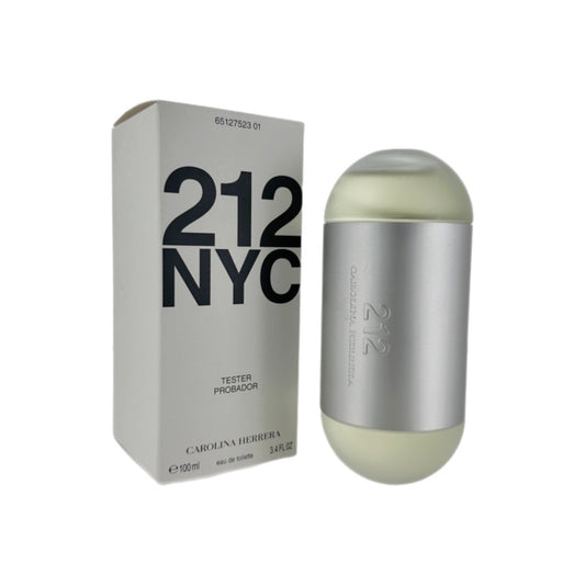 A tester package and spray bottle for Carolina Herrera's 212 EDT for women, with a white and silver design.