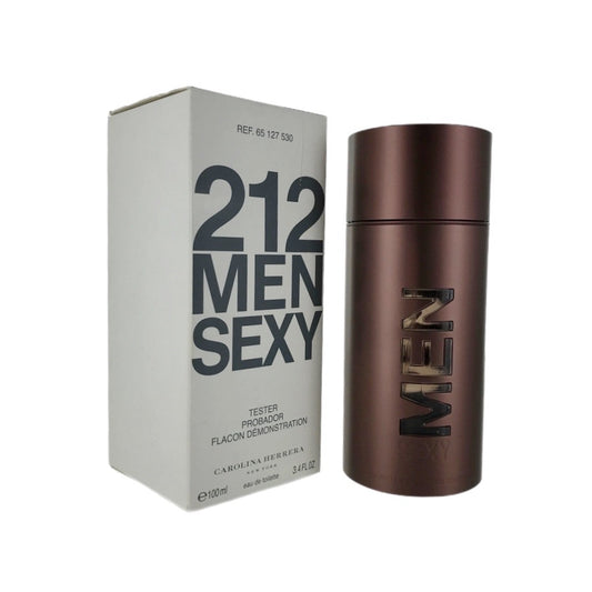 A tester package and bottle of '212 Sexy Men' eau de toilette spray for men by Carolina Herrera.