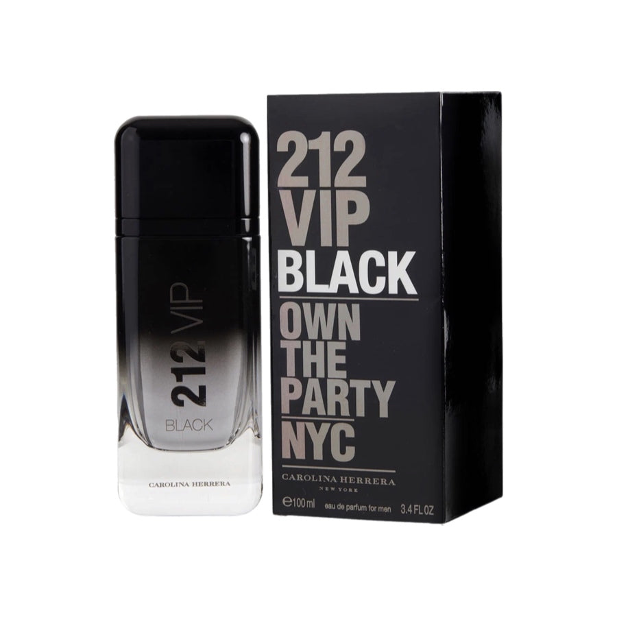 A bottle of 212 VIP Black EDP by Carolina Herrera with a black and white label, accompanied by its packaging box.