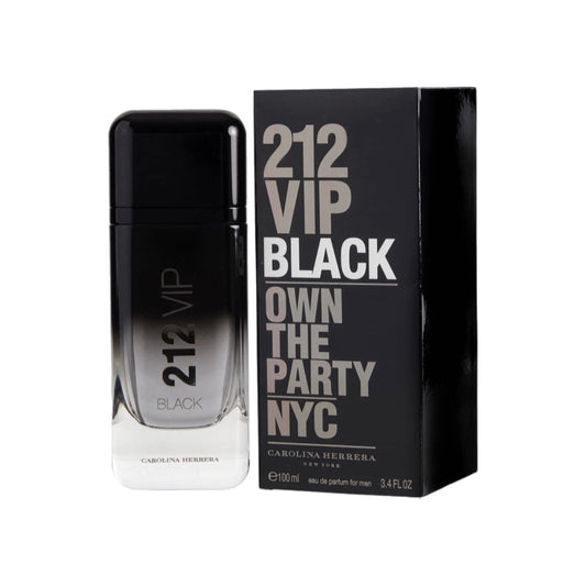 A bottle of 212 VIP Black EDP by Carolina Herrera with a black and white label, accompanied by its packaging box.