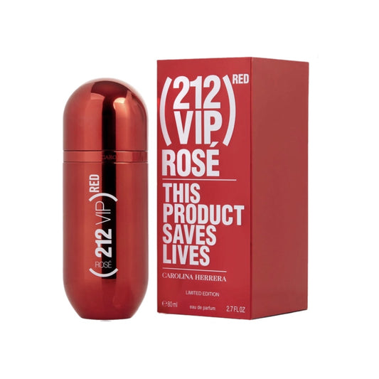 A red bottle of '212 VIP Rose' EDP with its red packaging box. The text on the bottle and box indicates the product size of 2.