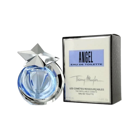 A bottle of Angel Comet EDT Spray Refillable by Thierry Mugler, displayed next to its packaging box. The bottle has a reflective surface with a blue liquid inside, and the packaging is silver with 'ANGEL' and the brand name in blue.