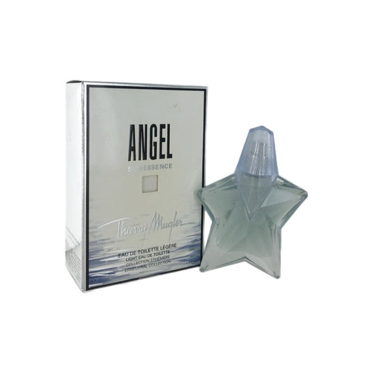A bottle of Angel Sunessence EDT by Thierry Mugler, placed next to its packaging box. The bottle is transparent with a silver cap, and the box has the brand and product name visible.