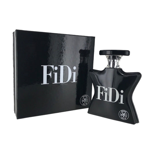 A black bottle of Bond No. 9 Fidi EDP with a cap, in front of its original black packaging box with 'FIDI' written in large white letters.