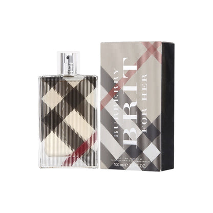 A bottle of Burberry Brit EDP for women, with a checkered pattern, alongside its box packaging.